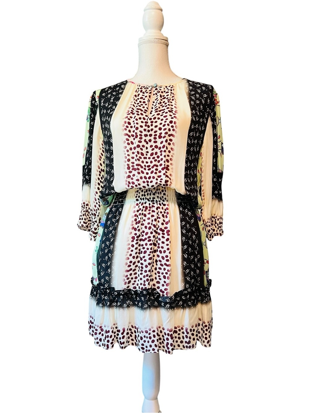 Nicole Miller Collection Bohemian Mixed-Print Mini Dress in Cream, Pink & Black